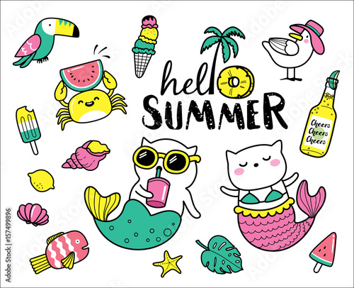 Set of cute and fun summer stickers/ badges/ icons/ patches/ design elements. photo