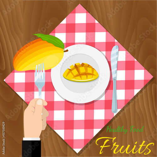 plate with mango, knife, spoon and fork icon isolated. Vector vegetarian organic healthy food cuisine. organic natural realistic fruit. photo