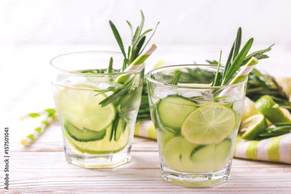 rosemary, lime and cucumber lemonade. Copyspace, horizontal view rosemary, lime and cucumber lemonade. Copyspace, horizontal view