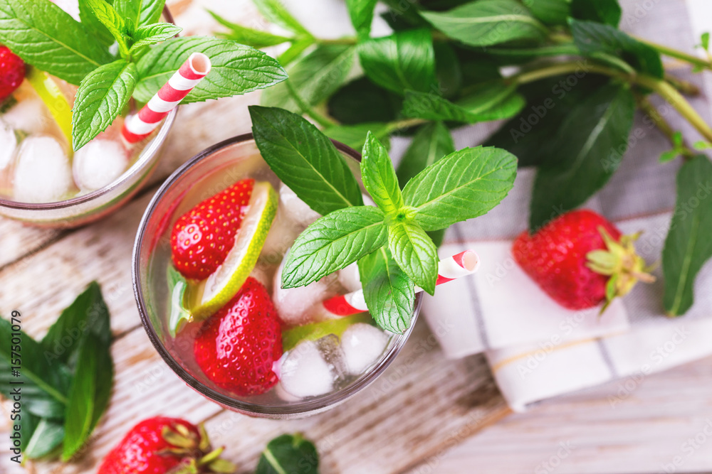 Lemonade with fresh strawberry, mint, lime and jam Lemonade with fresh strawberry, mint, lime and jam