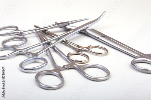 Close Up Surgical instruments and tools on white background. Selective focus.