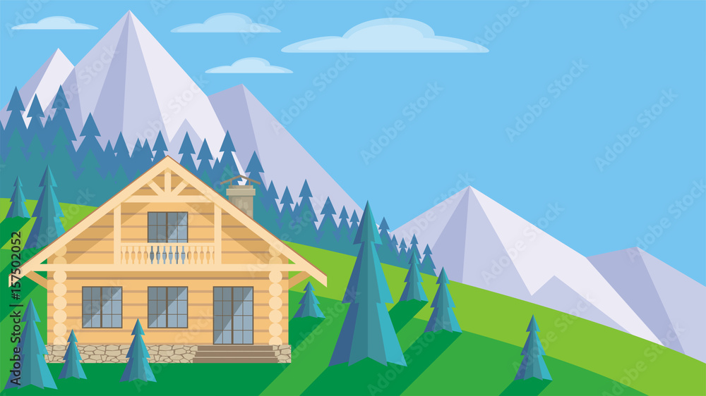 The image of a log house in an environment of fir trees. Beautiful summer landscape. Vector background.
