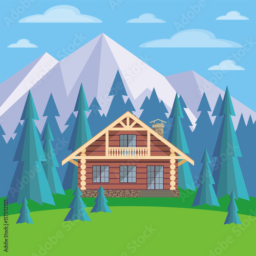 The image of a log house in an environment of fir trees. Beautiful summer landscape. Vector background.