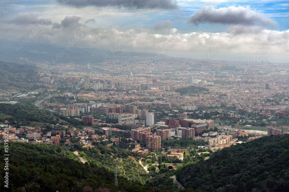 Aerial panoramic view on Barcelona town from Tibidabo mount, Spain
