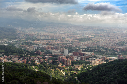 Aerial panoramic view on Barcelona town from Tibidabo mount, Spain
