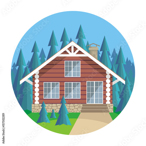 The image of a log house in an environment of fir trees. Beautiful summer landscape. Vector background.
