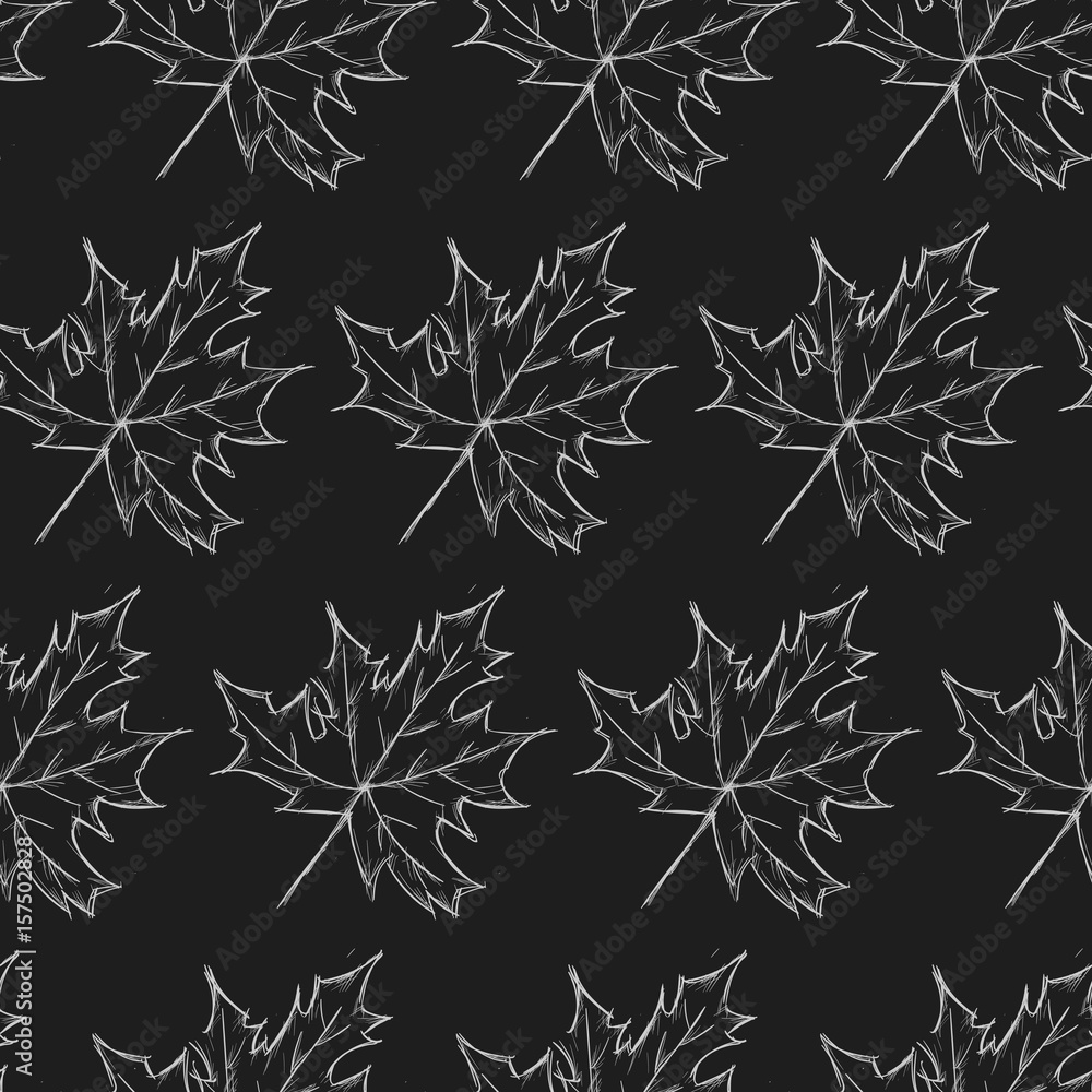 Fototapeta premium Seamless Pattern Of Palmate Maple Leaves Hand Drawn Sketch Black Outline