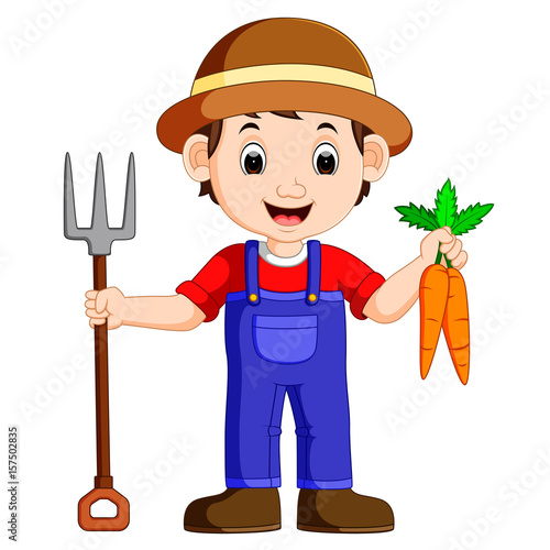 Cartoon young farmer holding rake