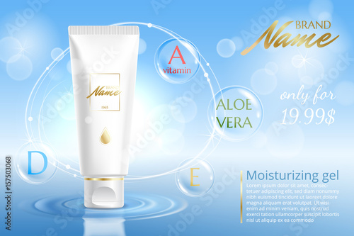 Advertising poster for cosmetic product for catalog, magazine. Vector design of cosmetic patskage. Moisturizing cream, gel, body lotion with vitamins. Vector illustration with isolated objects