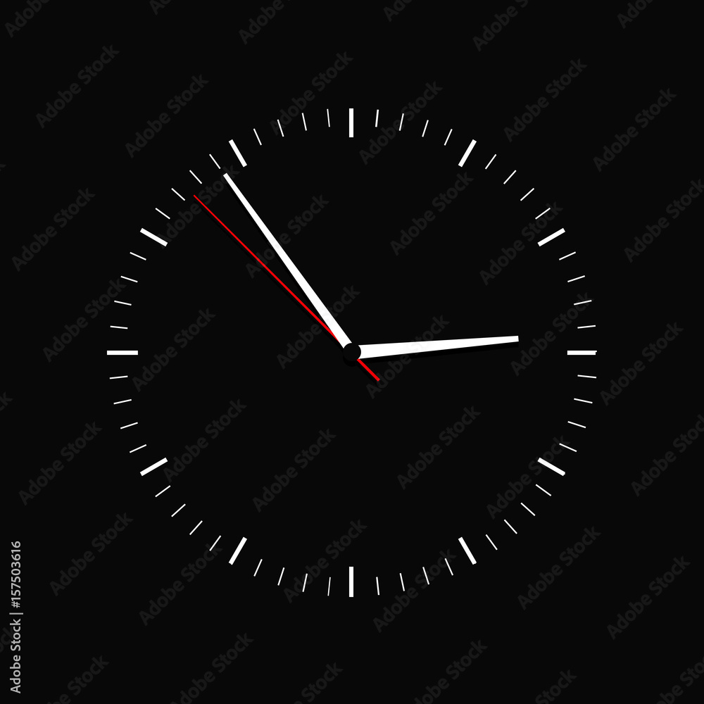 Clock vector . Flat. Classic black and white round wall clock isolated on black. Clock face with shadow on white background. Vector illustration Clock vector . Flat. Classic black and white round wall clock isolated on black. Clock face with shadow on white background. Vector illustration