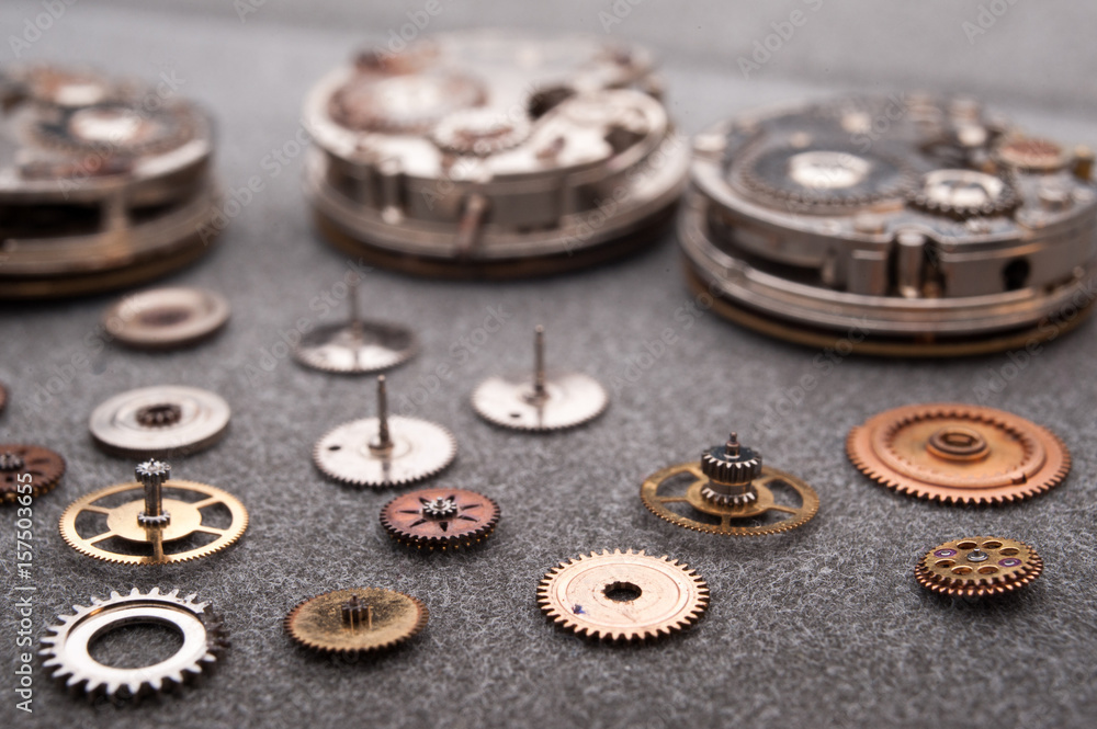 Detail of watch machinery on the table. Detail of watch machinery on the table.