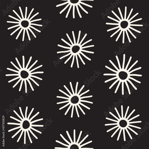 Vector seamless sunburst shapes freehand pattern. Abstract background with round brush strokes. Hand drawn texture