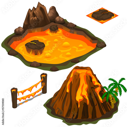 Vector set of lava pool, volcano, fence and cover