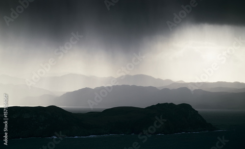Heavy rain over the mountains surrounding Loch Ewe, Scottish Highlands, Scotland, UK.