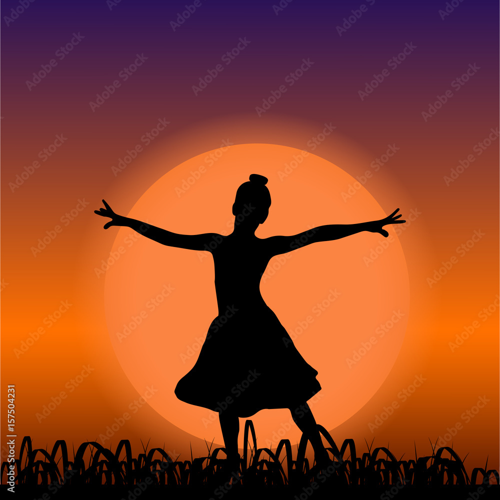 Black silhouette of dancing girl in sunset Black silhouette of dancing girl in sunset