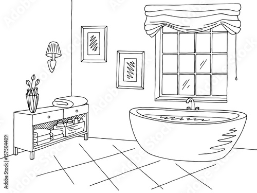 Bathroom graphic interior black white sketch illustration vector
