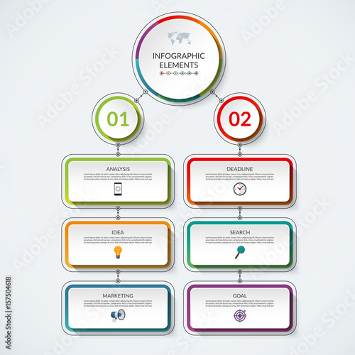 Infographic flow chart template with 2 option circles and 6 tabs. Modern minimalistic vector banner that can be used as diagram, graph, table, workflow layout for web, report, business presentation