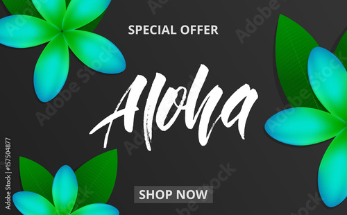 Summer background with plumeria flowers and lettering Aloha for promotion, discount, sale, web.