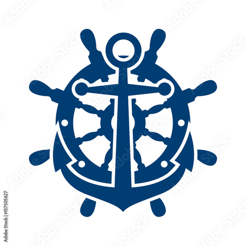 Icono plano ancla con timon azul en fondo blanco