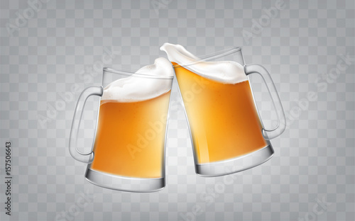 Vector illustration of a realistic style two glass toasting mugs with beer, cheers beer glasses. Print, template, design element