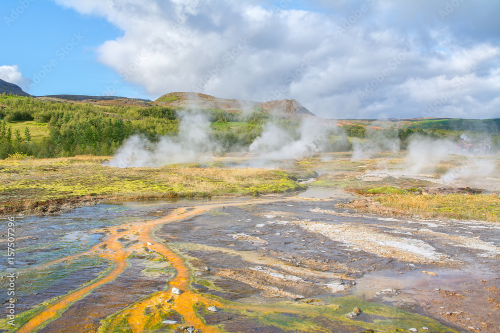 Hot springs in geothermally active Haukadalur Valley, Iceland Hot springs in geothermally active Haukadalur Valley, Iceland