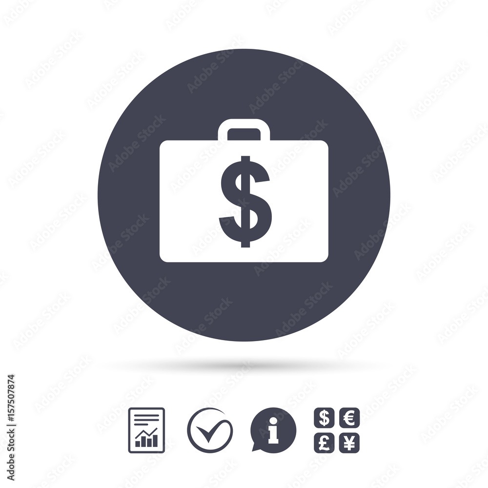 Case with Dollars USD sign. Briefcase button. Case with Dollars USD sign. Briefcase button.