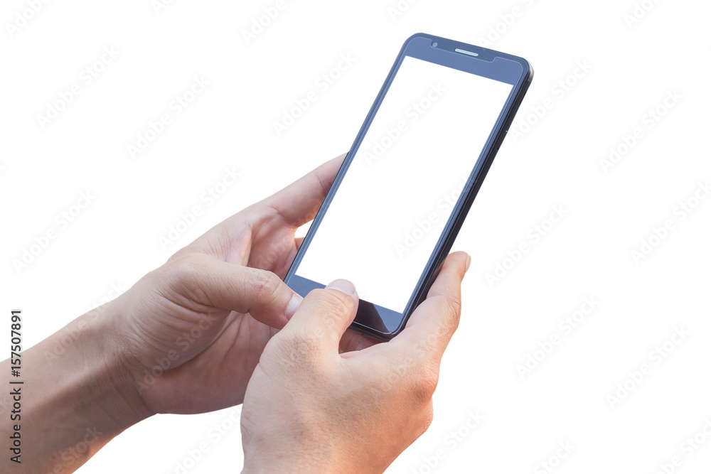 Hand holding mobile smart phone isolated on white blackgroune Hand holding mobile smart phone isolated on white blackgroune