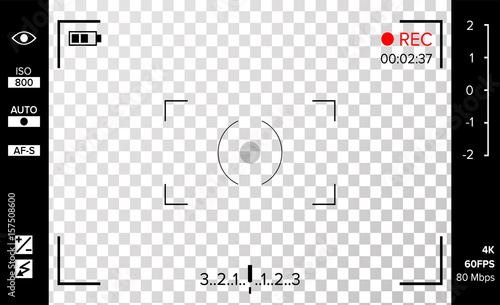 Camera Viewfinder Vector. Photo Or Video Camera Grid With Shooting Settings And Options On Screen. Recording Led Blinked. Realistic Corner Fall Off Background