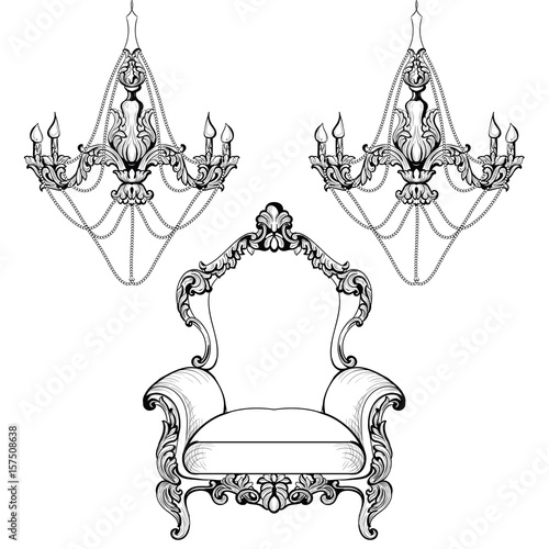 Imperial Baroque chandelier decoration accesories collection armchairs luxurious ornament. Vector French Luxury rich intricate structure. Victorian Royal Style decor