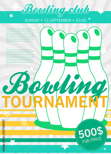 Flat style vector poster template for bowling tournament.