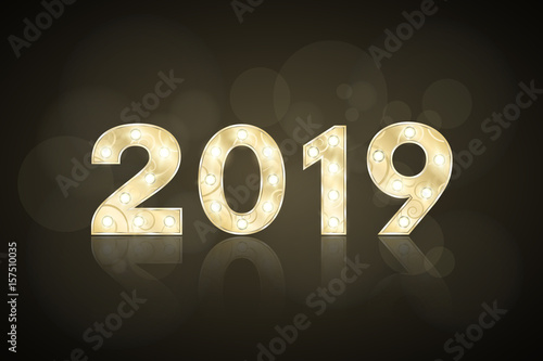 Happy new year 2019 and Christmas. Gold figures with a pattern for the show. Flashing lamps. Mirror reflection. Figures for presentation and show. Glare bokeh