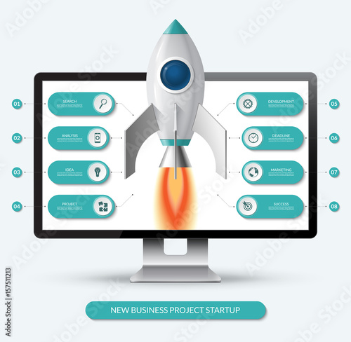 New business project start up concept. Space rocket launch from the computer monitor. Infographic template with 8 options, steps, parts. Vector illustration