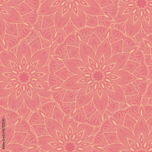 Seamless pink mandala pattern for printing on fabric or paper. Hand drawn background. Islam, Arabic, Indian, motifs.