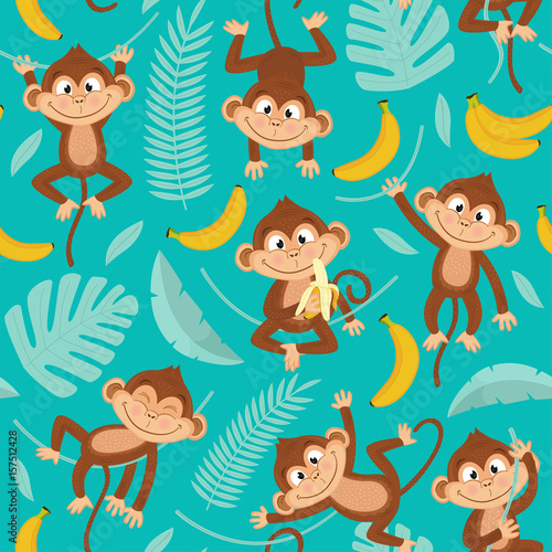 seamless pattern with monkey on blue background - vector illustration, eps