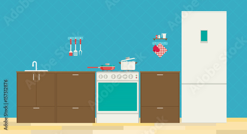 Interior of kitchen, pans on the stove, cooking. Vector illustration in flat style