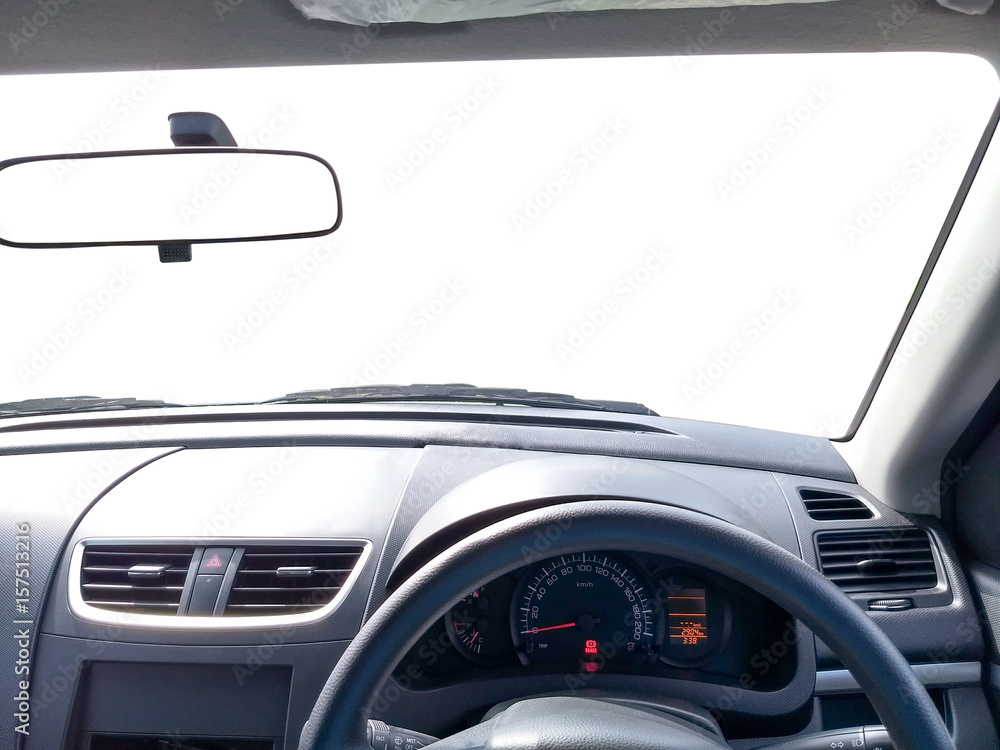 interior of right hand drive car, front view mirror with copy space