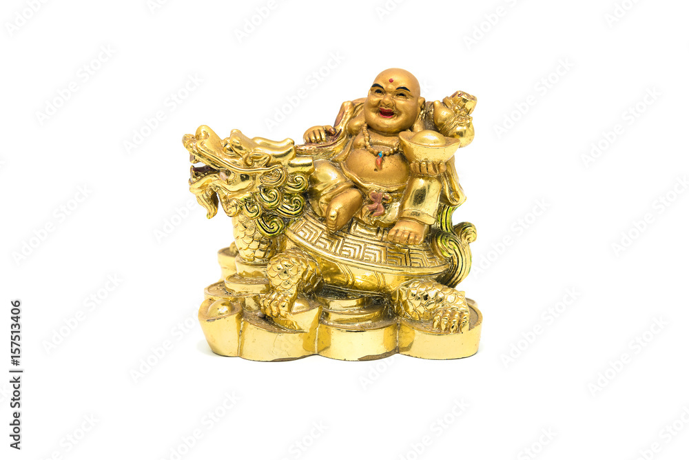 Happy Buddha - Chinese God of Happiness sit on dragon and tortoise shell on white background.