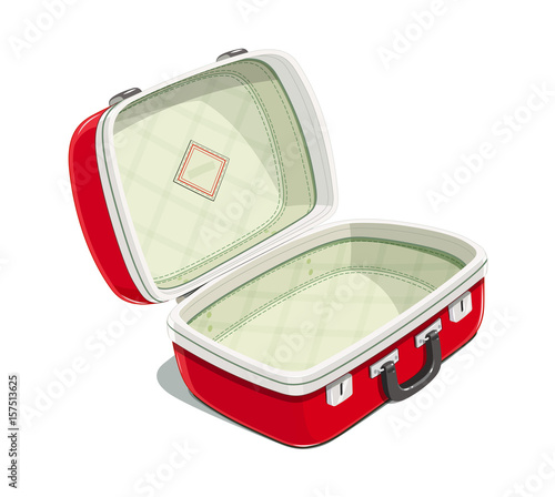 Red open suitcase for travel. Voyage case. Journey bag.