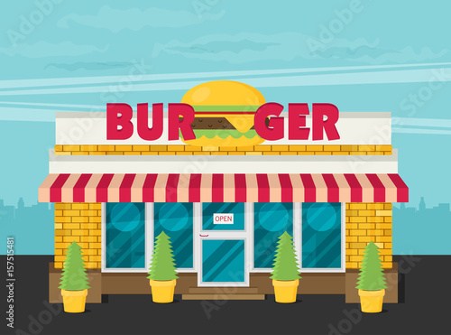 Facade of burger shop flat vector.