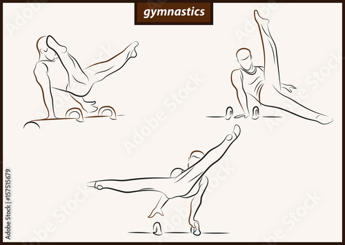 Set of a vector illustration shows a gymnast performing acrobatic movements on a goat. Sport. Gymnastics