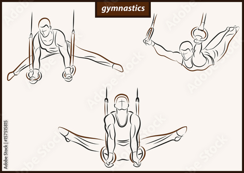 Set of a vector illustration shows a gymnast performing acrobatic movements on the rings. Sport. Gymnastics