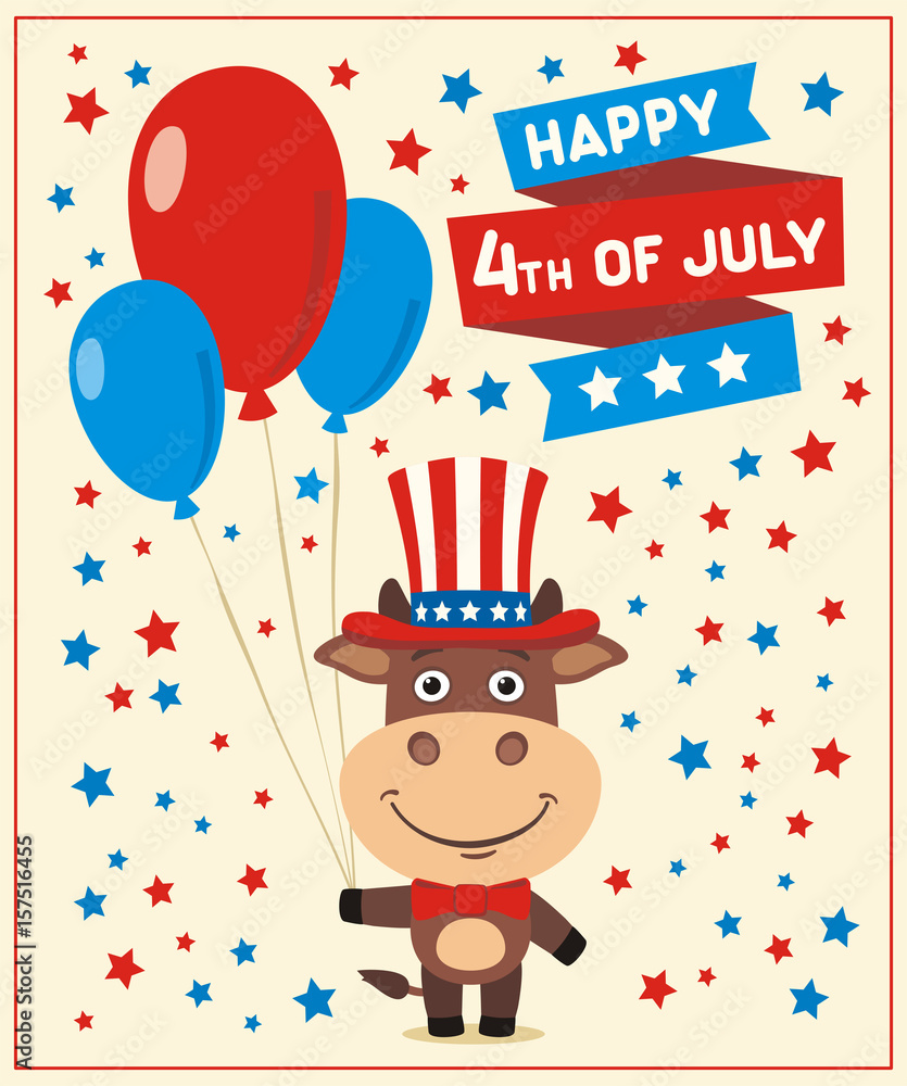 Happy 4th of july! Funny bull with balloons for independence day USA. Stock Vector | Adobe Stock Happy 4th of july! Funny bull with balloons for independence day USA. Stock Vector | Adobe Stock