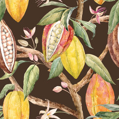 Papier peint photo Fruits aquarelle patrons Cacao aquarelle motif botanique exotique  © Zenina-Lembrik