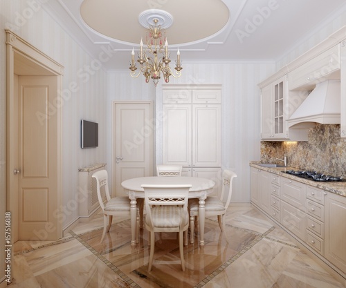 Classic kitchen design. Interior scene. Light wood. Marble floor