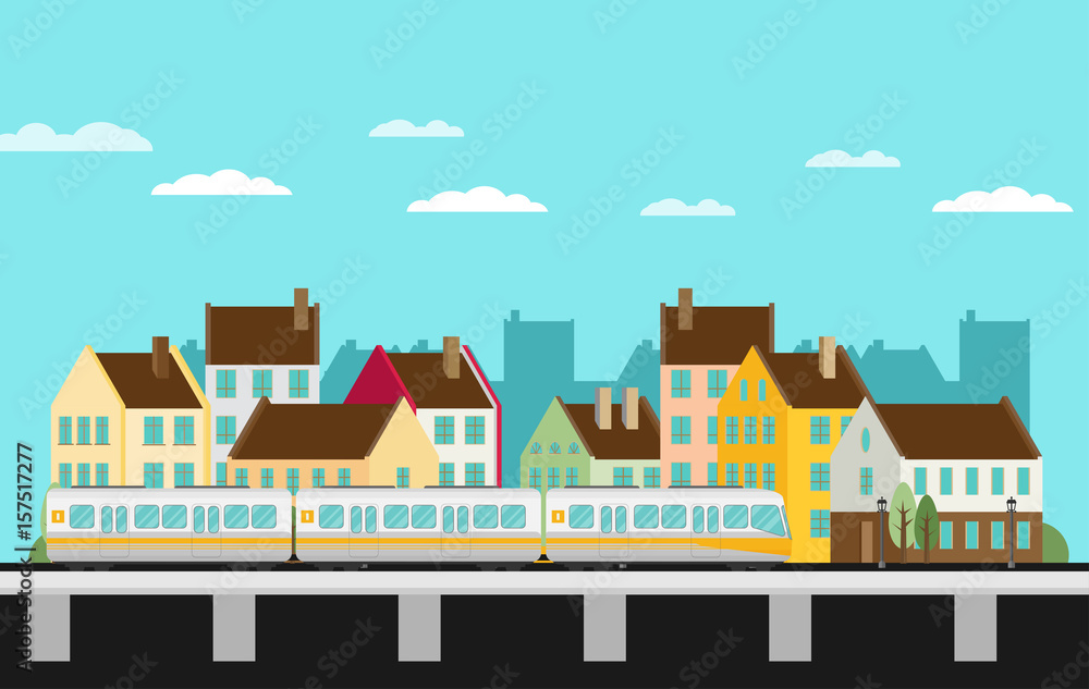 Train on railway with outdoor town landscape. Vector travel concept background.