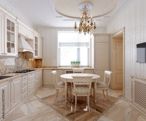 Classic kitchen design. Interior scene. Light wood. Marble floor