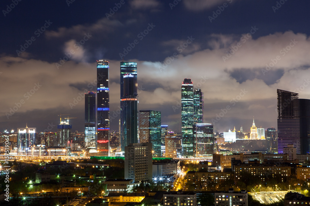 Naklejka premium Panoramic view of night Moscow, business center of the city