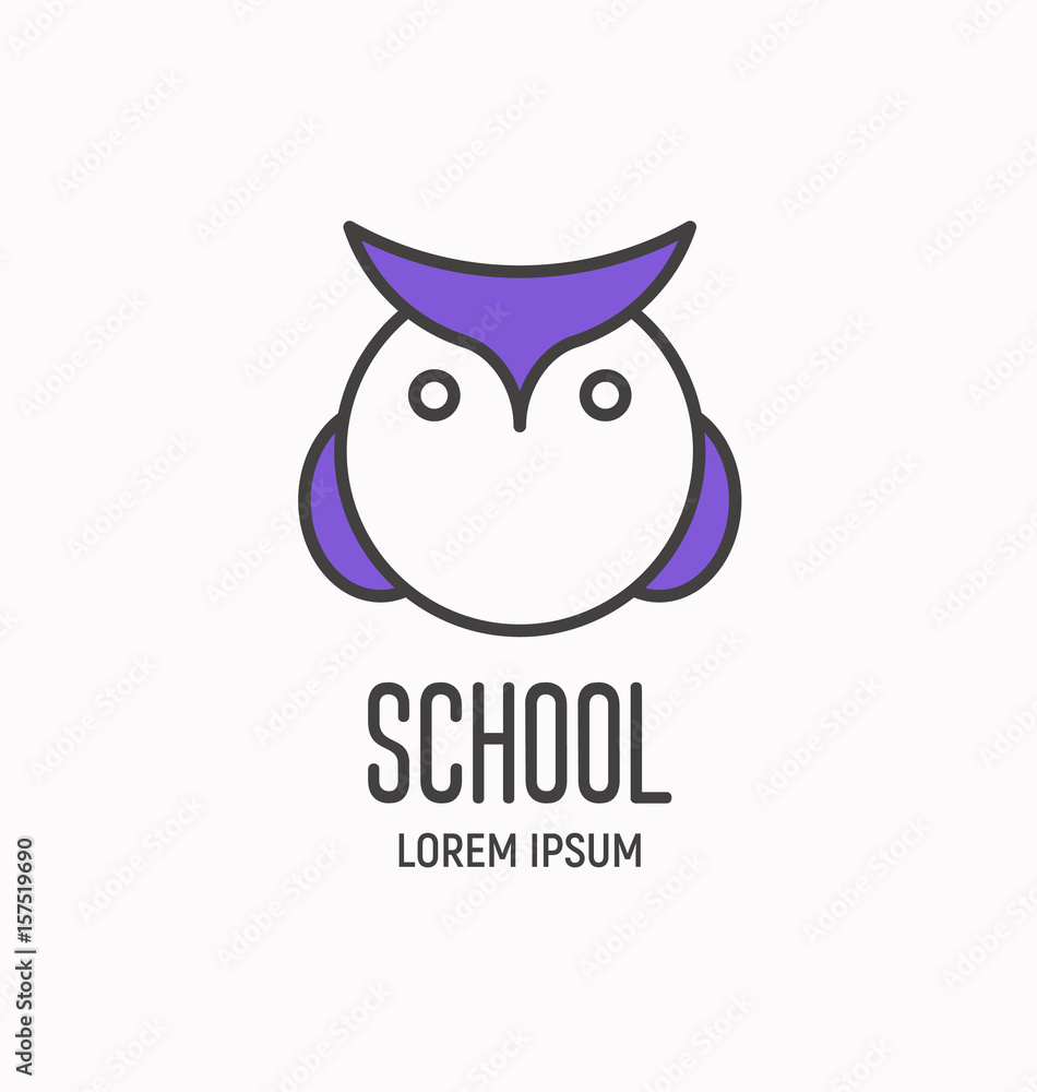 Logo with cartoon wise owl, design element for school, business, pet shop. Vector illustration. Logo with cartoon wise owl, design element for school, business, pet shop. Vector illustration.