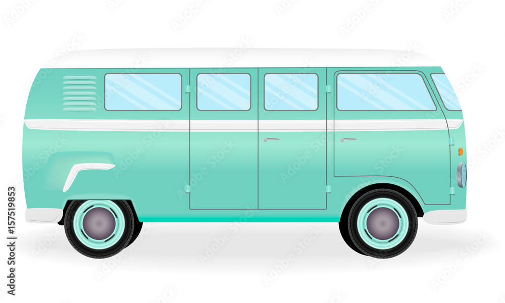 Colorful retro travel bus. Cartoon hippie van isolated on a white background. Vacation vintage vehicle.