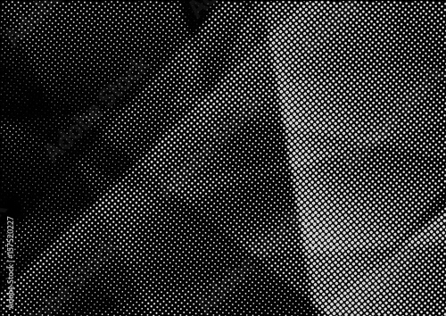 Black old fashioned dotted geometrical distorted layout. Minimal abstract retro triangular pattern polka dot halftone grey circles over black background